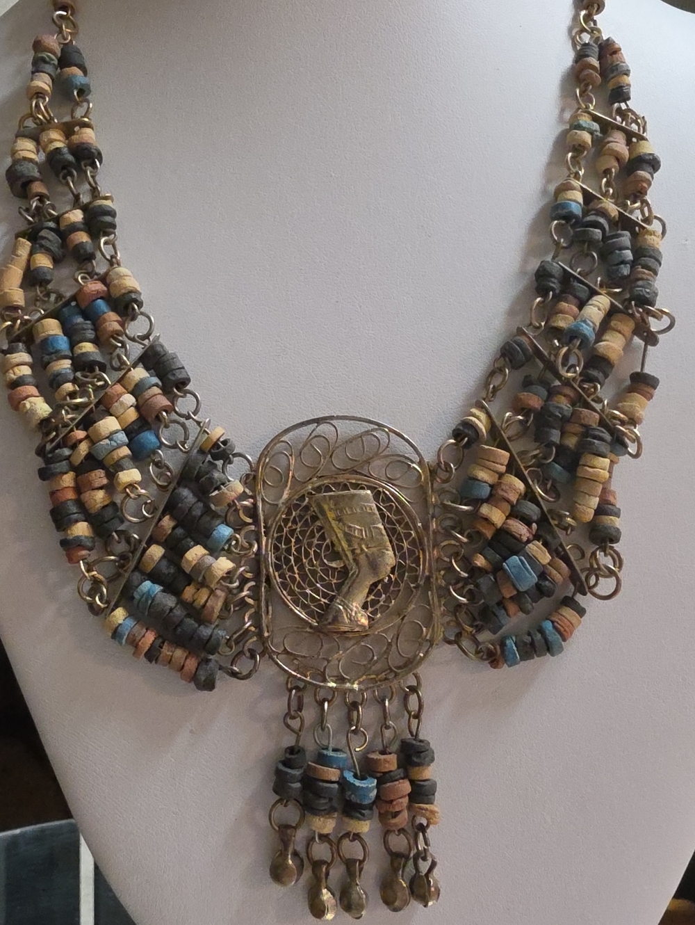Vintage Egyptian Revival Nefertiti Terra Cotta Bead Necklace and Earring Set - Picture 8 of 9